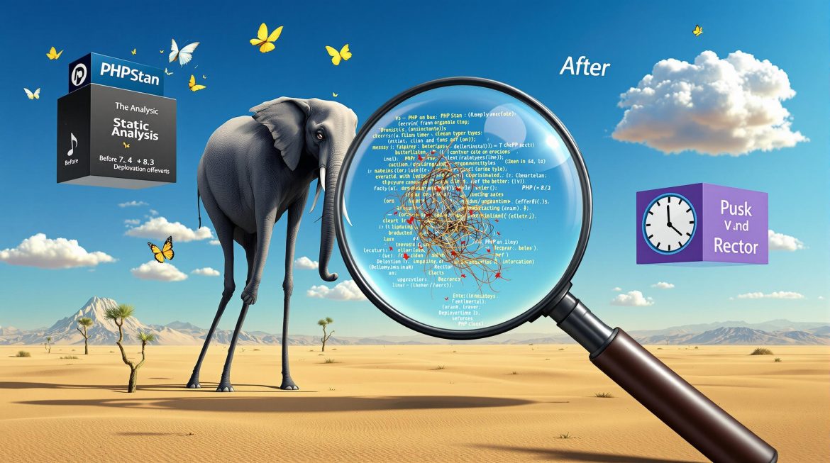 Dalí-Elefant mit Lupe analysiert PHP-Code, zeigt PHPStan und Rector Tools