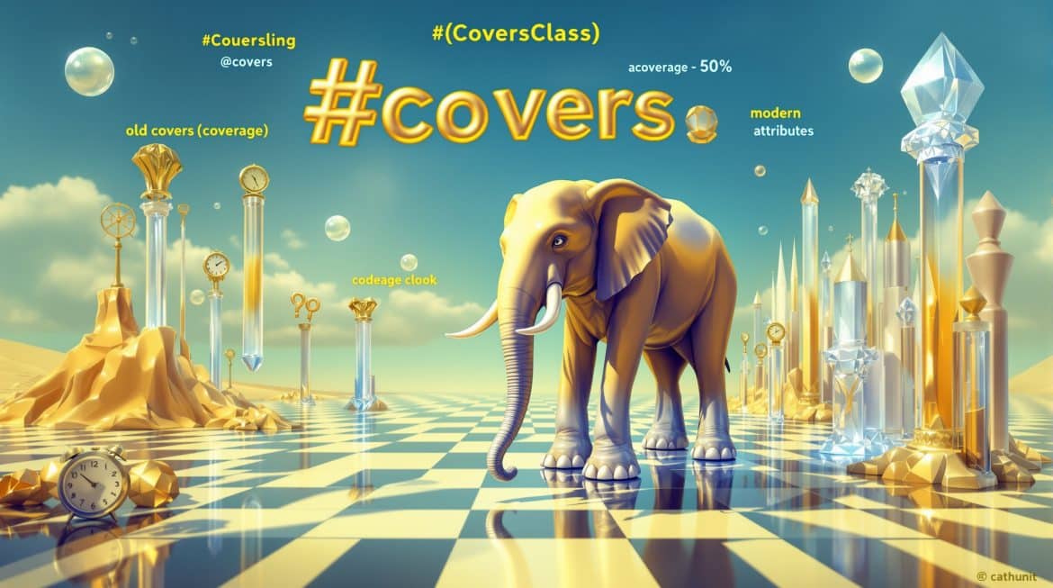 Surreale Darstellung von PHPUnit Coverage Attributes im Dalí-Stil mit PHP-Logo