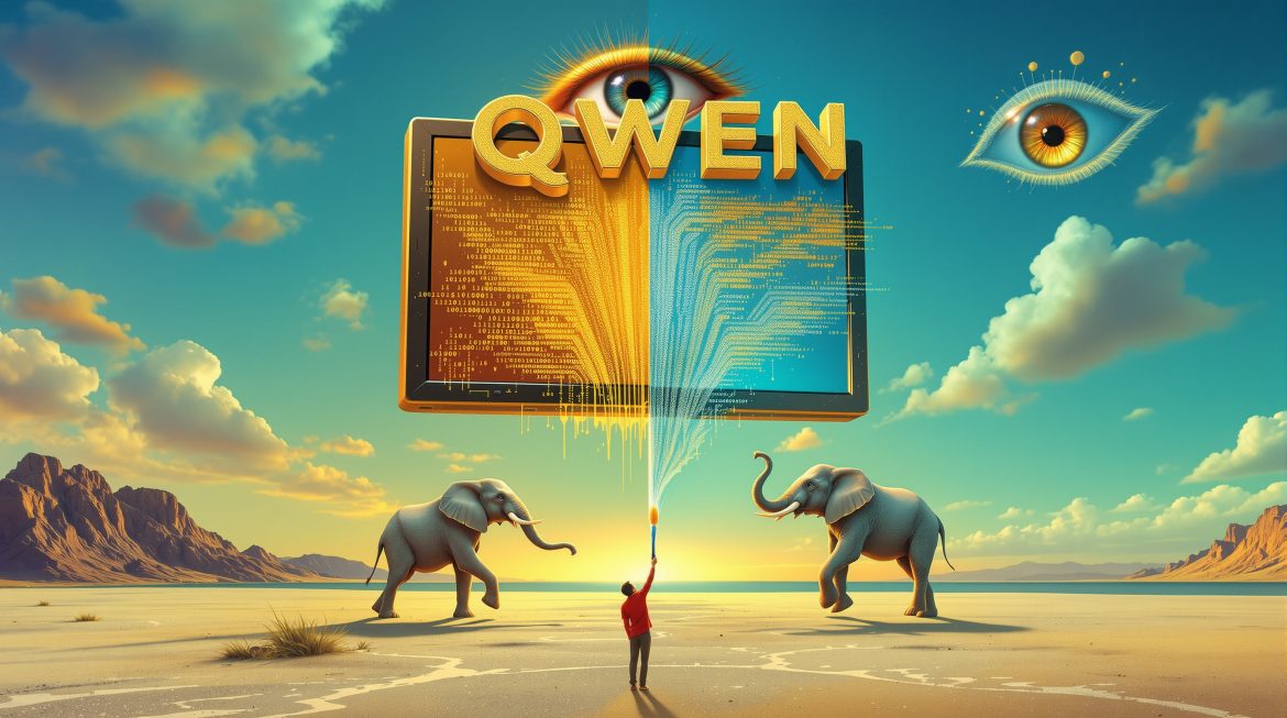 Surreale Darstellung von KI-Bildbearbeitung mit schmelzendem Monitor und Code