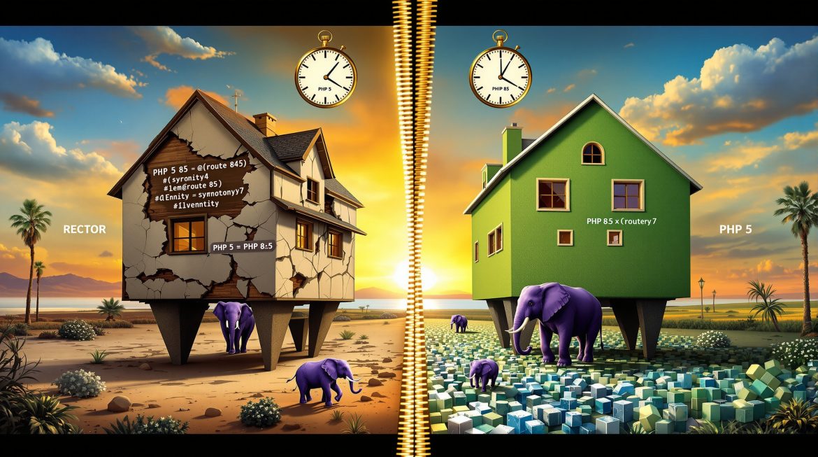 Dalí-Stil Grafik: PHP-Code transformiert sich von alt zu modern durch AST-Baum