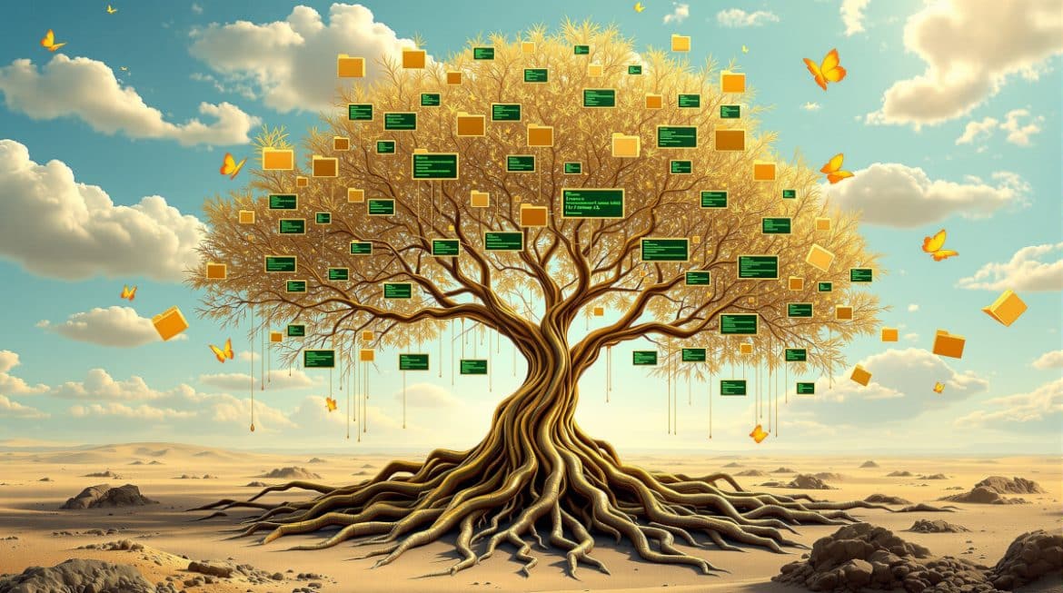 Surreale Darstellung eines digitalen Baums der zu Code-Strukturen wird