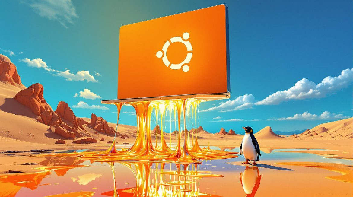 Surreales Headerbild: USB-Stick verwandelt sich in Ubuntu-System, Dalí-Stil