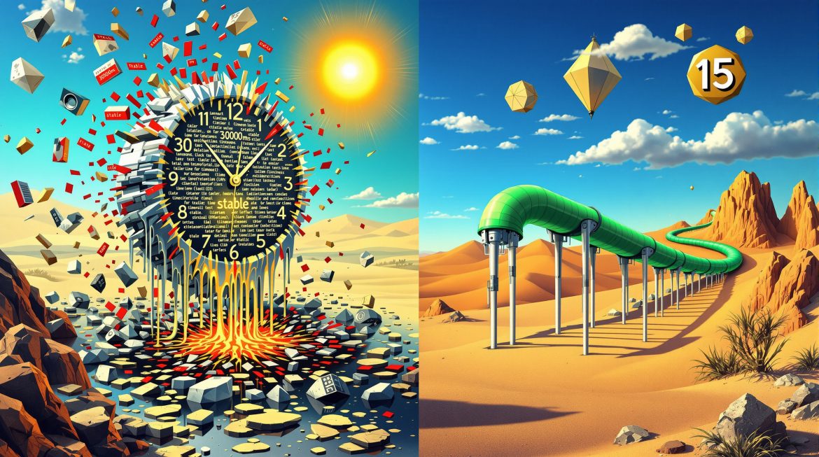 Surreale Darstellung: Chaos der Test-Timeouts wird zur stabilen CI/CD Pipeline