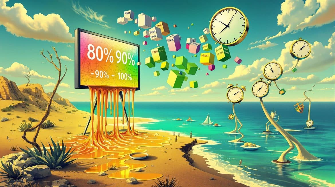 Surreales Bild: Schmelzender Code wird durch Lupe zu grünen Test-Coverage-Blöcken