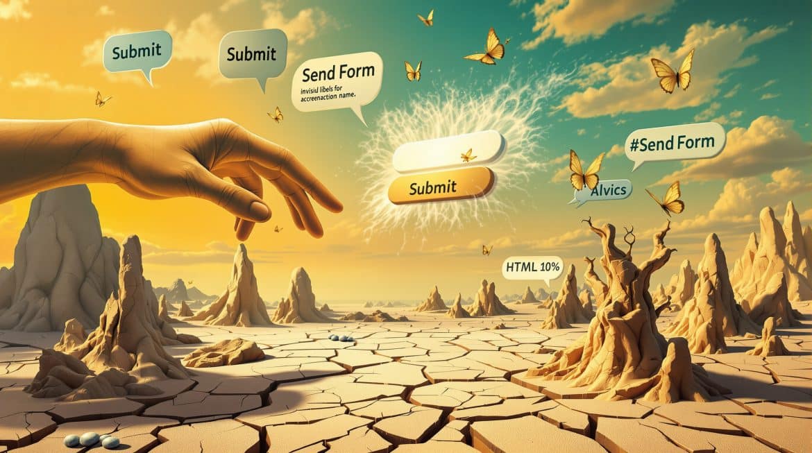 Surreale Darstellung von Label-Konflikten zwischen UI und Sprachsteuerung