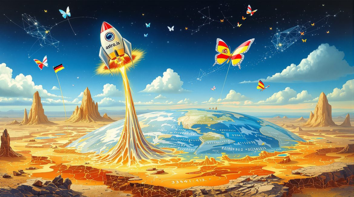 Surreale Darstellung von Astro.js i18n mit Flaggen und Code-Elementen im Dalí-Stil