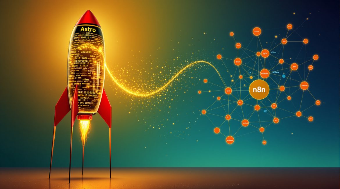 Astro-Rakete sendet Datenstream zu n8n-Workflow-Netzwerk, surrealer Stil Astro-Rakete sendet Datenstream zu n8n-Workflow-Netzwerk, surrealer Stil