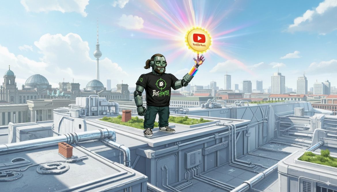 Roboter hält YouTube Music Logo über Berlin: Fernsehturm, Reichstag. Futuristische Stadtansicht. Roboter hält YouTube Music Logo über Berlin: Fernsehturm, Reichstag. Futuristische Stadtansicht.