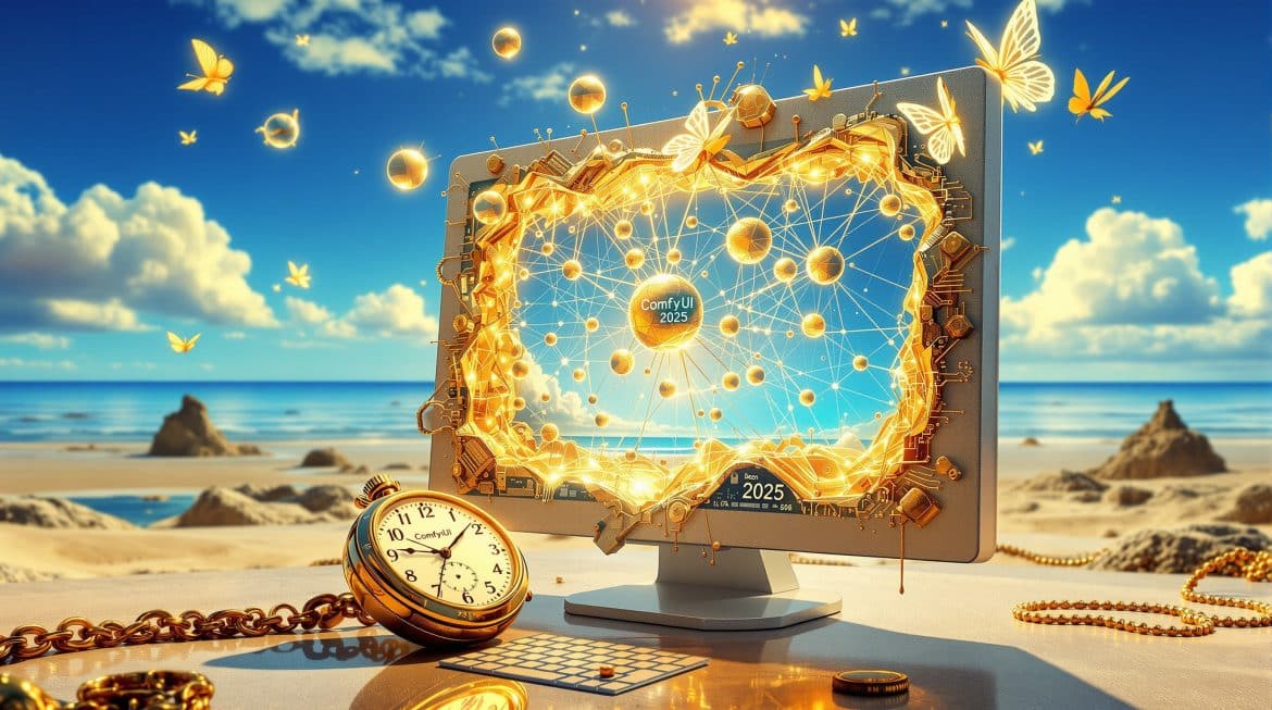 Surreales Dalí-Bild: Schmelzender Monitor mit ComfyUI-Nodes als goldene Spiralen