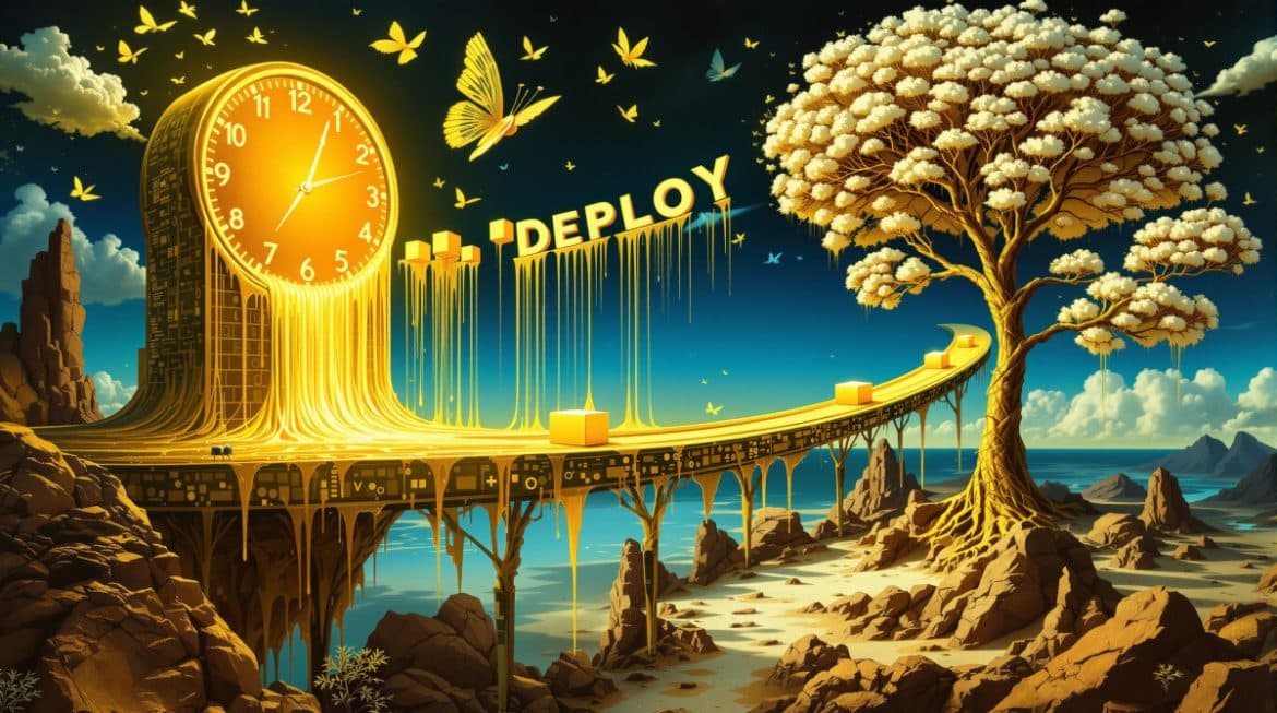 Surreale Darstellung einer CD-Pipeline mit schmelzenden Uhren im Dalí-Stil Surreale Darstellung einer CD-Pipeline mit schmelzenden Uhren im Dalí-Stil