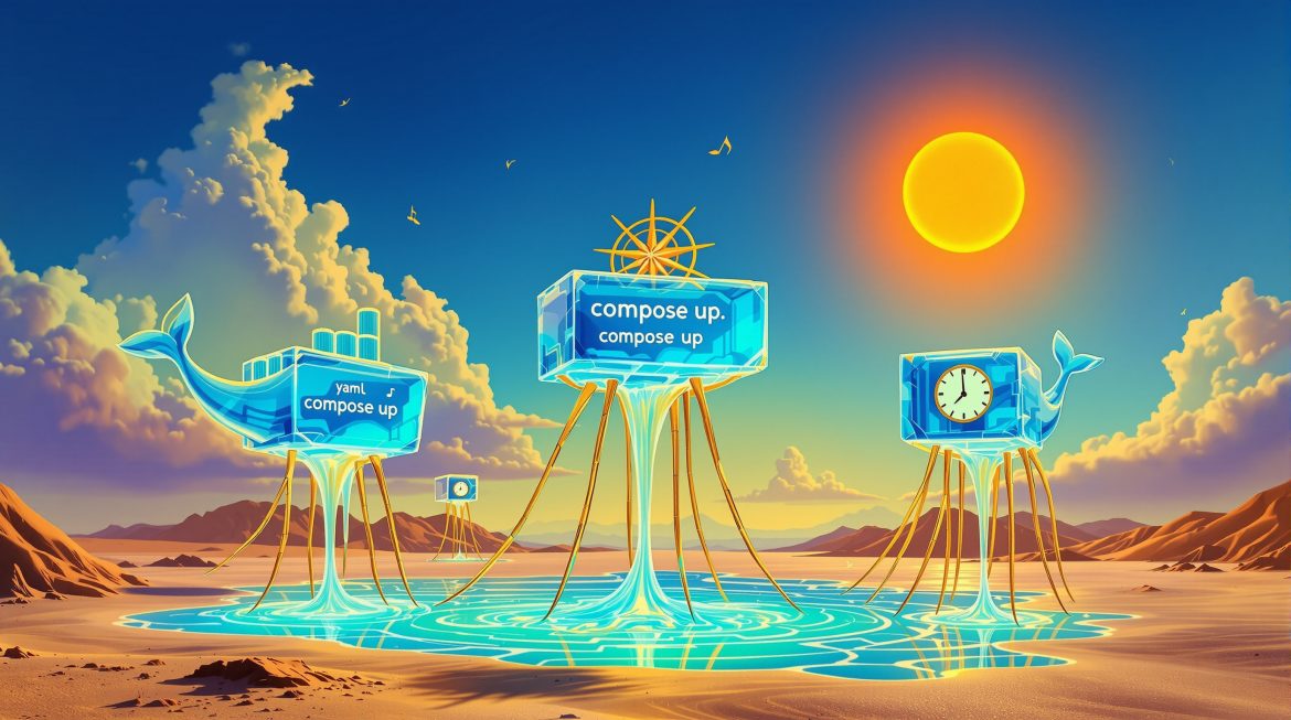 Surreale Darstellung von Docker Containern als schmelzende Gefäße im Dalí-Stil Surreale Darstellung von Docker Containern als schmelzende Gefäße im Dalí-Stil