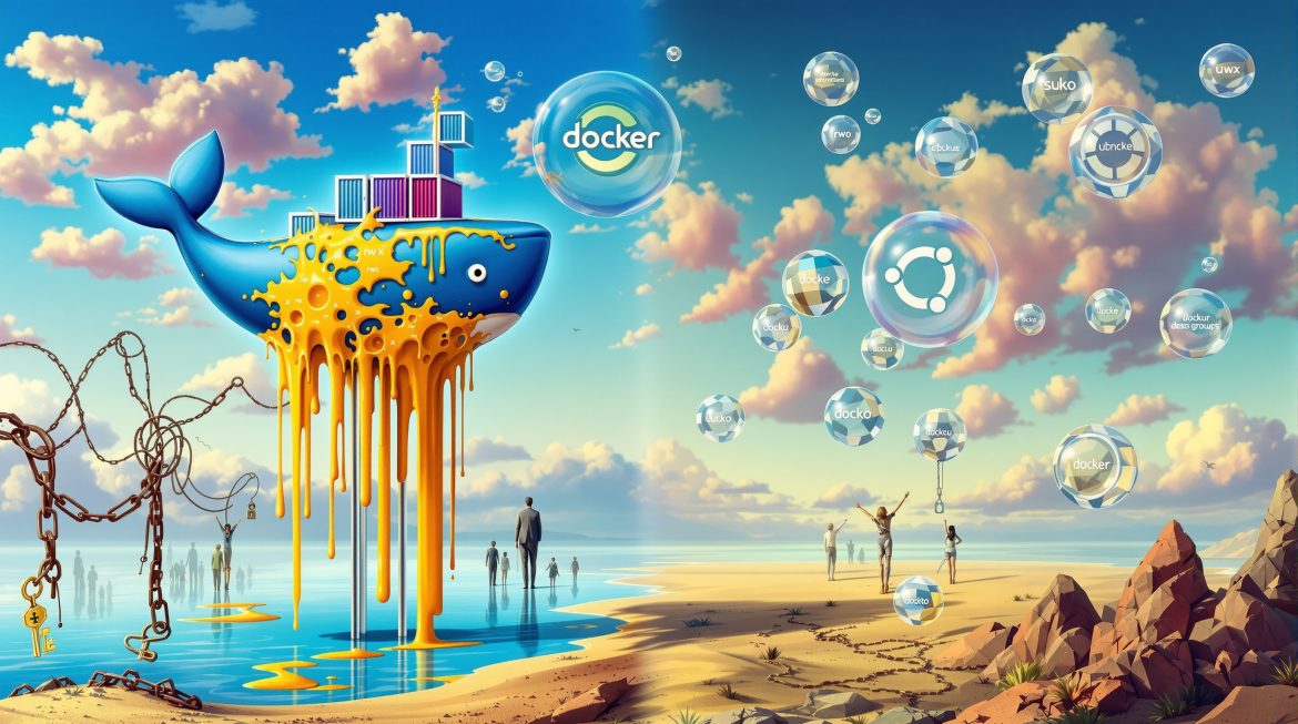Surreale Darstellung: Docker-Wal verschmilzt mit Ubuntu-Logo, Berechtigungen