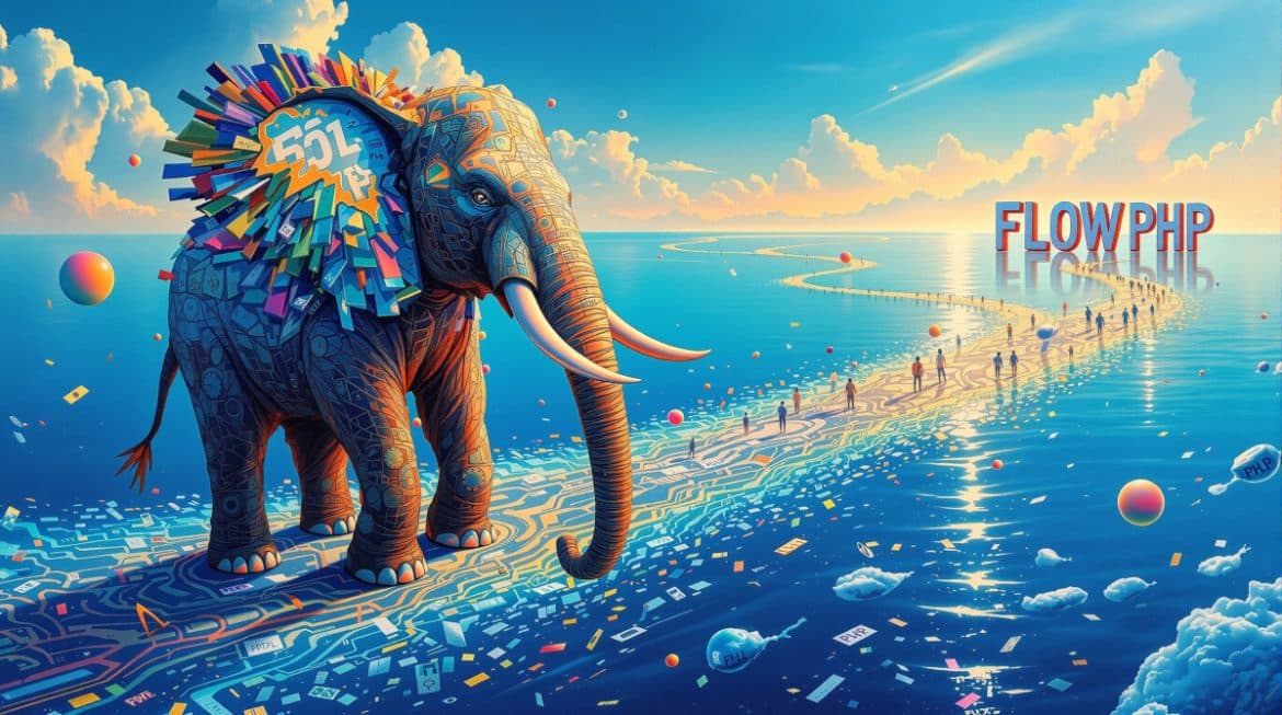 Surreale Darstellung von Flow PHP ETL: Datenströme verwandeln sich in Formate