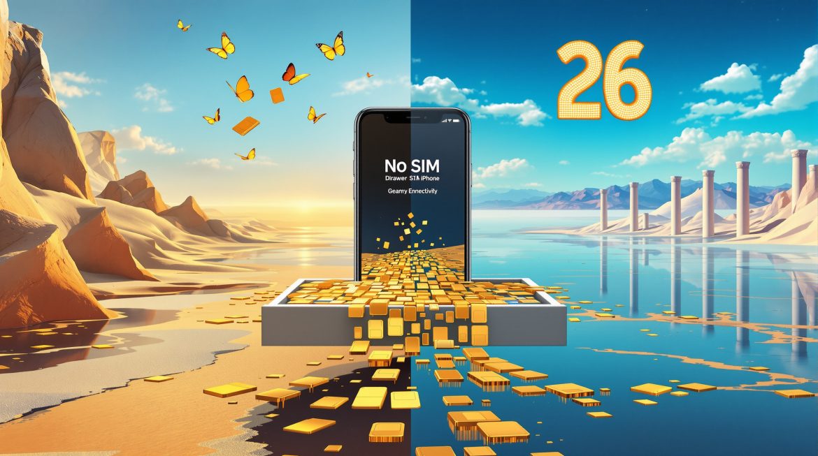 Surrealistisches Bild: iPhone mit schwebenden SIM-Karten symbolisiert iOS 26 Bug