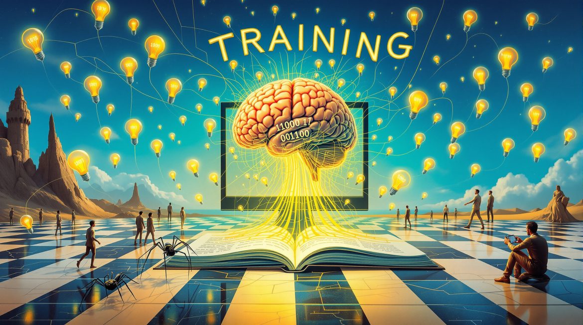 Surreales Bild: Team lernt KI, verschmelzende Computer und Gehirne, Dalí-Stil