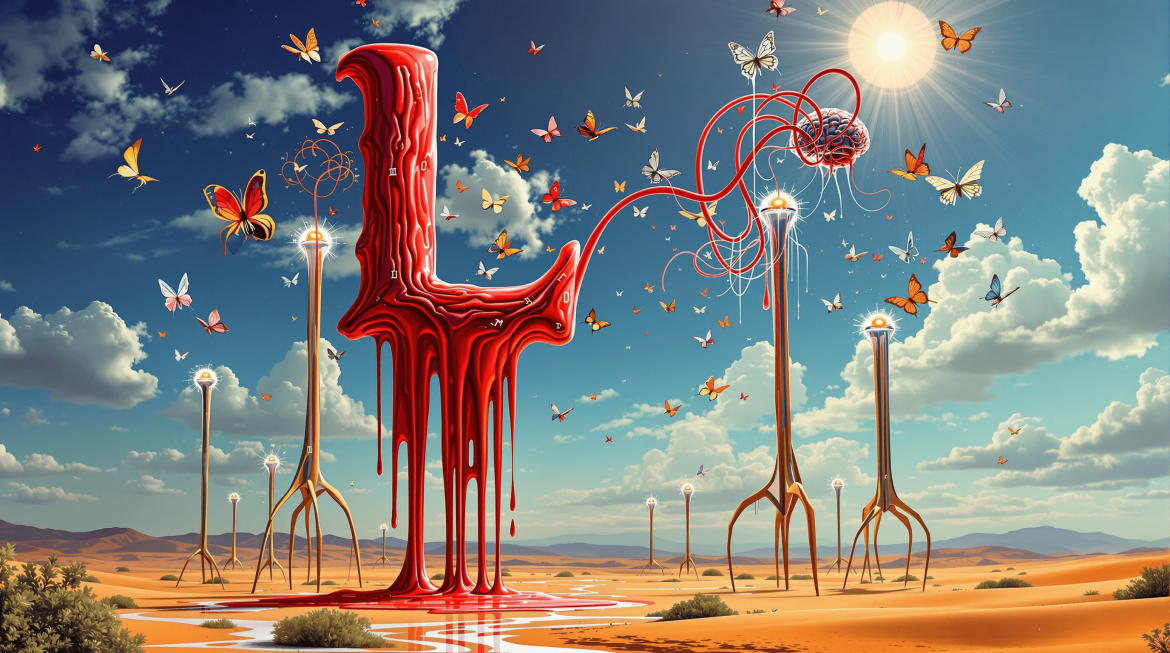 Surreales Bild: Laravel Logo schmilzt zu KI-Verbindungen, Dalí-Stil