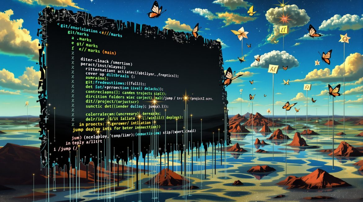 Surreale Darstellung von Shell-Bookmarks als schwebende Navigationselemente