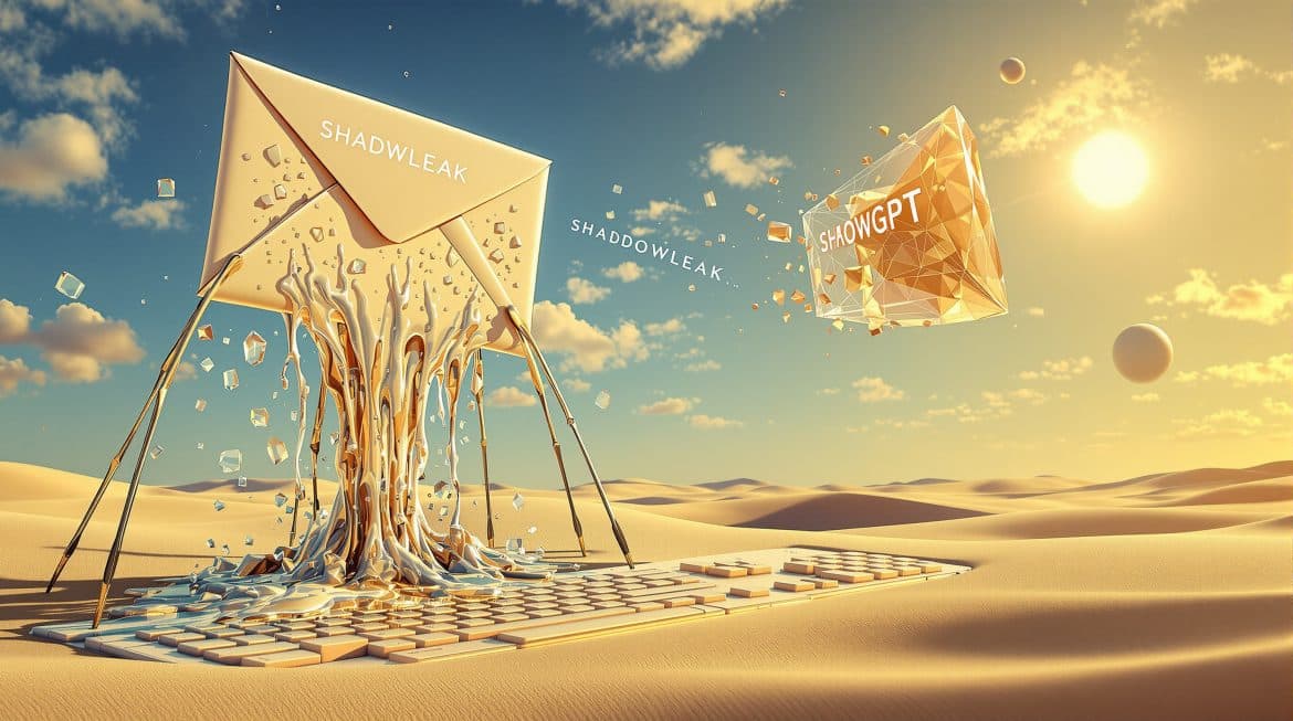 Schmelzende E-Mail mit Datenströmen und ChatGPT-Logo in surrealem Dalí-Stil