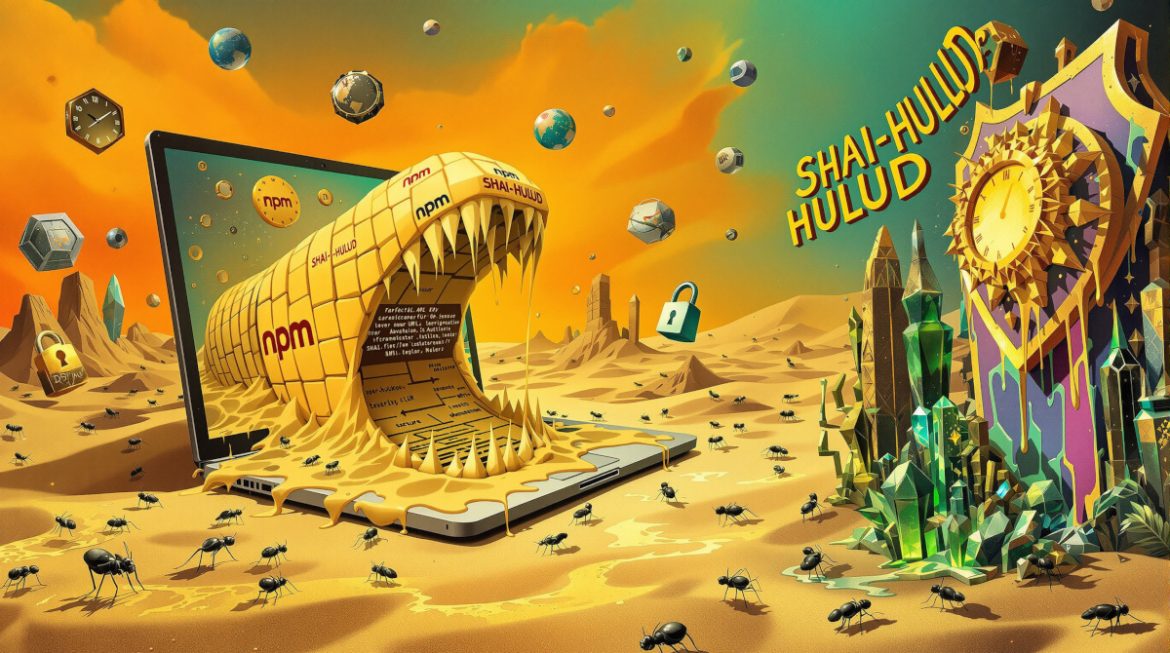 Surreale Darstellung: Shai-Hulud NPM-Wurm transformiert zu Sicherheitsschutz