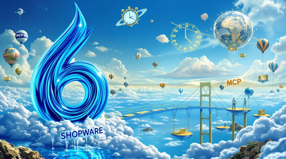 Großes blaues Shopware 6 Logo zentral, umgeben von MCP und API-Elementen