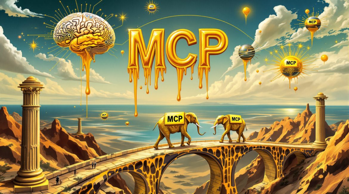 Surreale Darstellung der Symfony MCP SDK Verbindung zwischen PHP und AI-Agenten