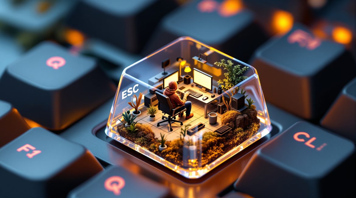 KI Bild zeigt einen Developer in einer gäsernen Escape Taste auf einer Tastatur