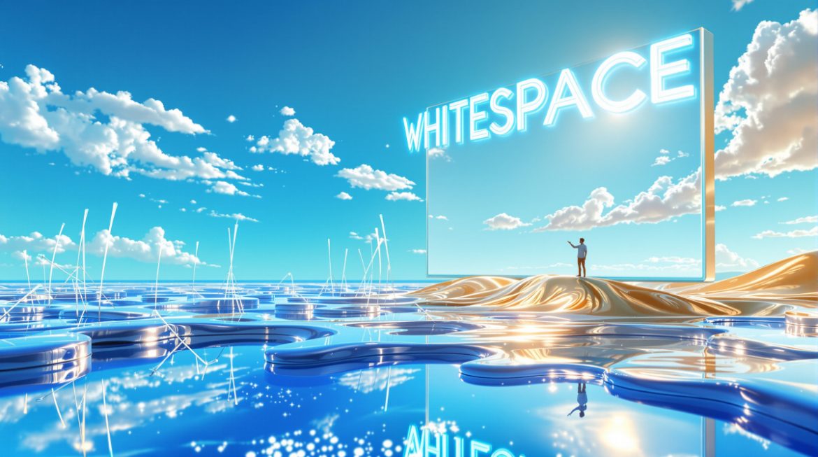 Surreale Darstellung von Weißraum-Design mit schmelzendem Monitor und UI-Elementen