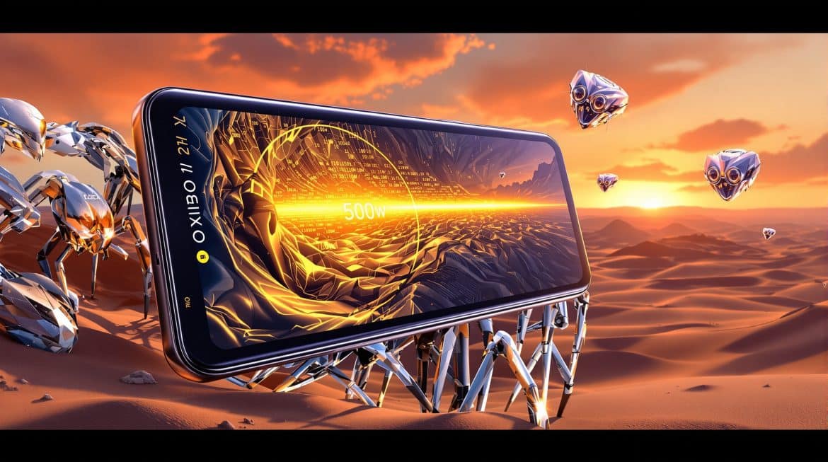 Surreales Smartphone mit zwei Displays und schmelzender Batterie im Dalí-Stil