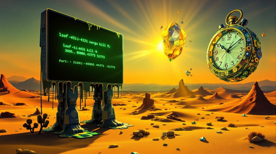 Surreale Darstellung eines Terminal-Fensters mit Port-Kill-Command im Dalí-Stil