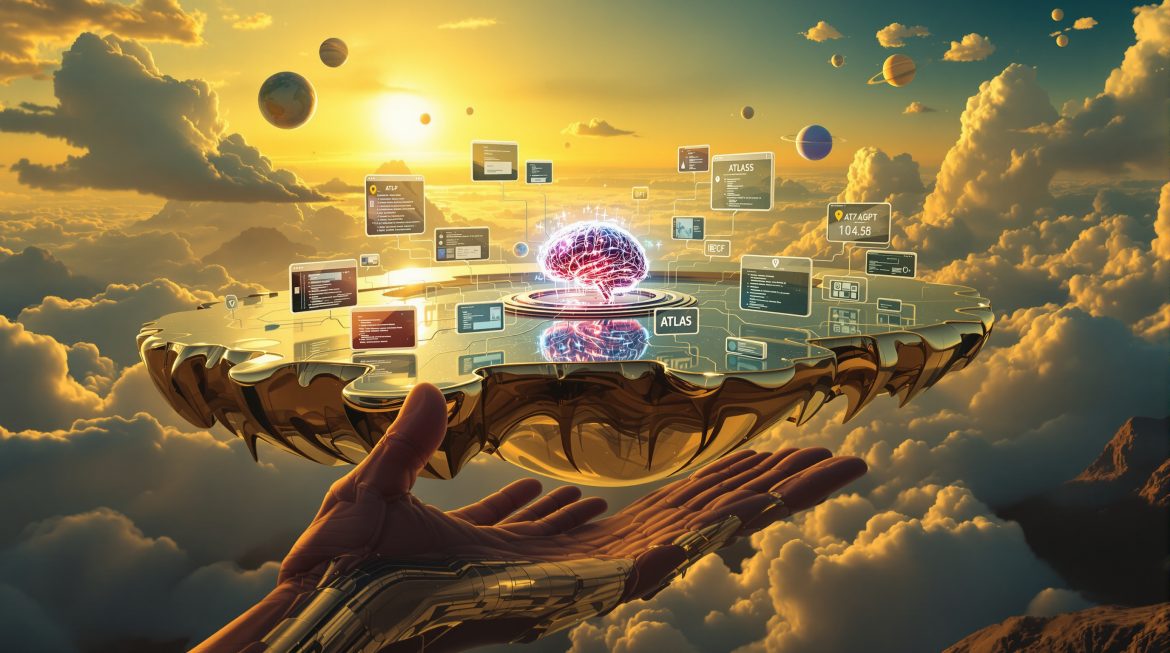 Surreales Browser-Fenster mit AI-Gehirn, schmelzende Tabs im Dalí-Stil