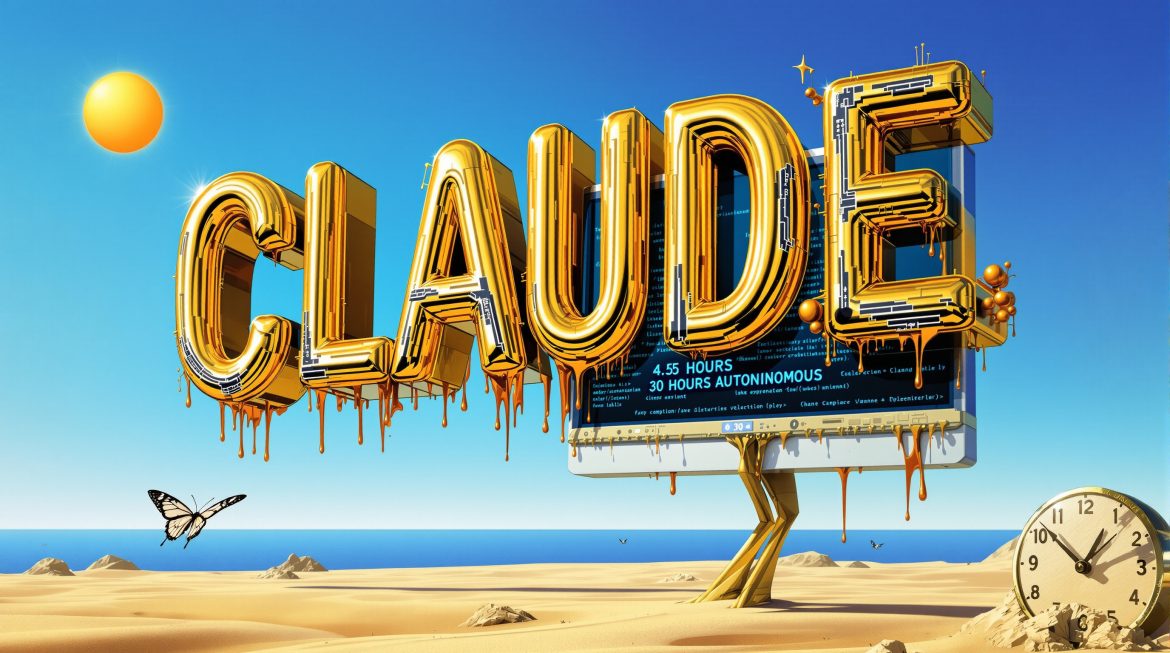 Goldener CLAUDE-Schriftzug schmilzt über Monitor, zeigt 30h autonomes Coding