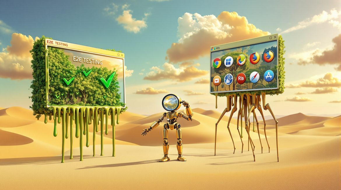 Surreales Kunstwerk: Zwei Testautomatisierungs-Tools als schmelzende Zypressen