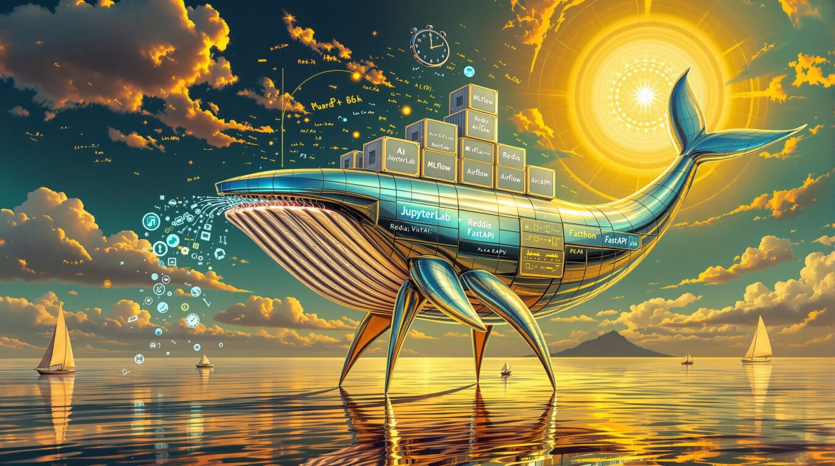 Docker Wal-Container schwebt über GPU-Chip, AI-Tools als surreale Skulptur