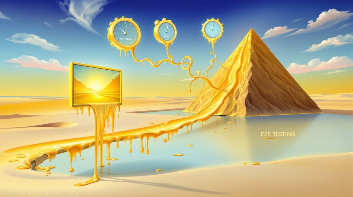 Surreales Bild: Schmelzender Monitor auf Beinen, Test-Pfade verzweigen sich