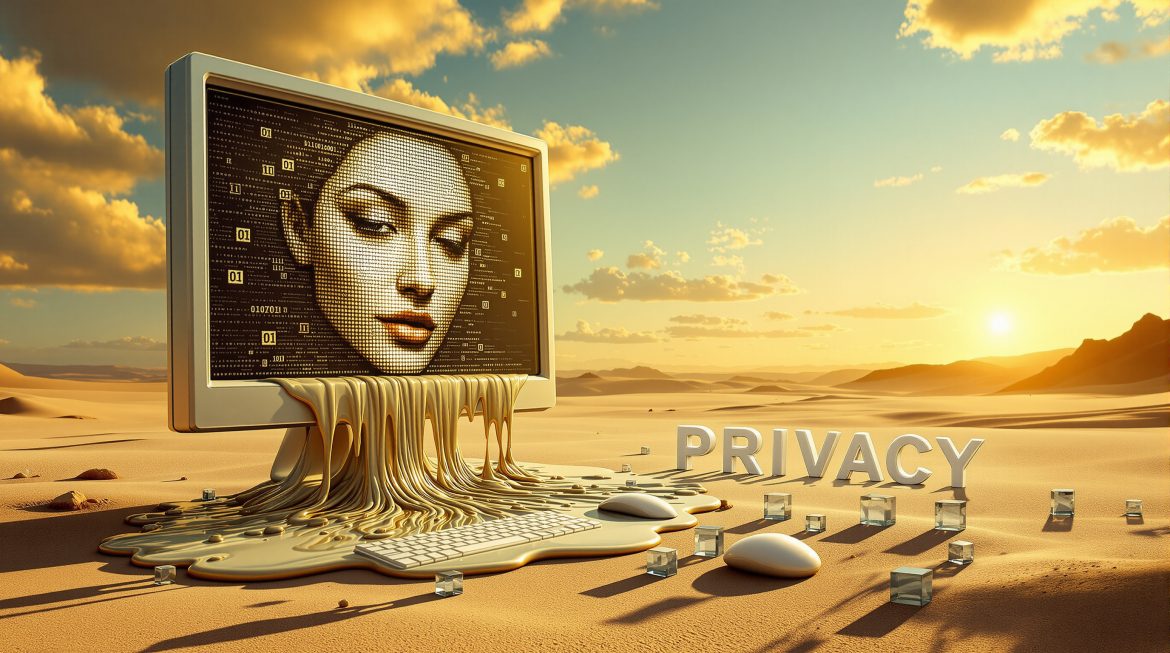 Surreales Bild: Schmelzender Monitor mit verpixeltem Gesicht in Dalí-Stil