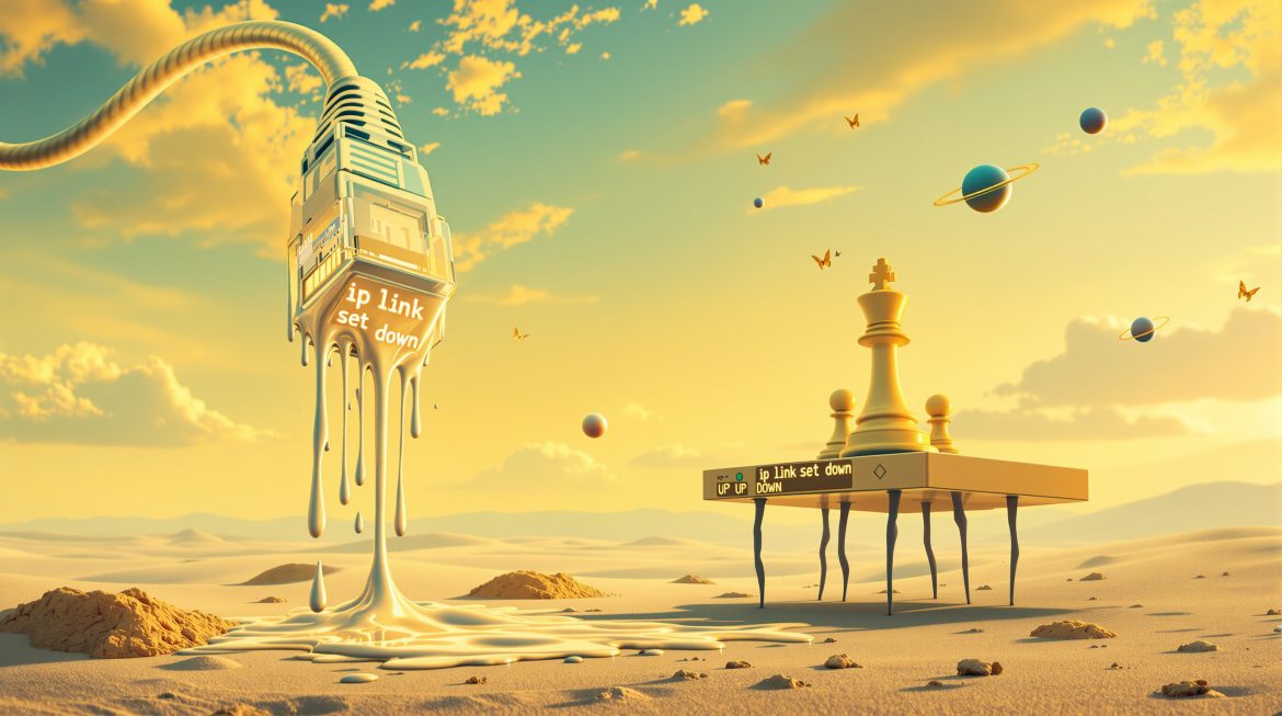 Surreales Netzwerkkabel schmilzt auf dünnen Beinen über Terminal mit ip link