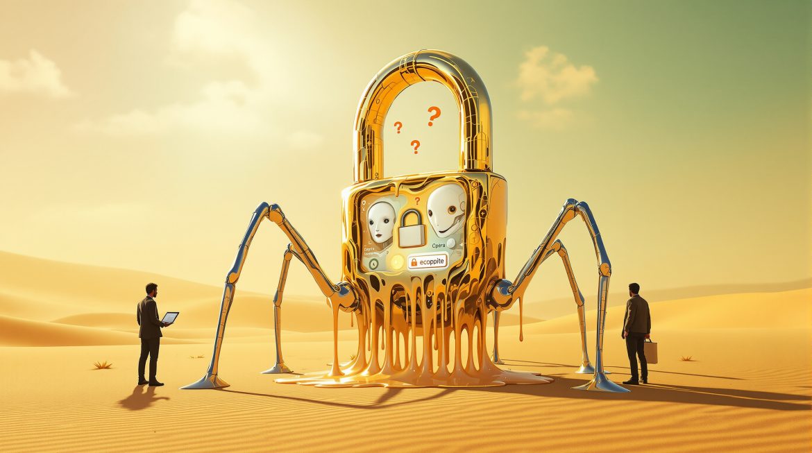 Surrealistische Darstellung schmelzender Browser mit KI-Chatbot-Gesichtern