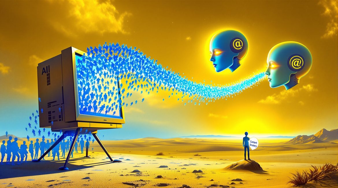 KI-Chatbots konsumieren Website-Traffic: Developer mit Content-Strategie-Schild