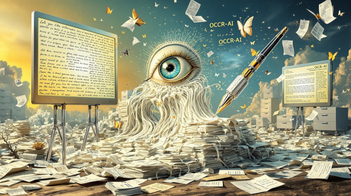 Surreale Darstellung: AI verwandelt Papierdokumente in strukturierte Daten