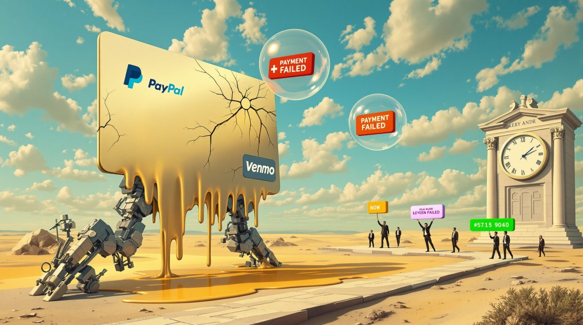 PayPal-Karte schmilzt auf dünnen Beinen, drei Backup-Sphären schweben darüber