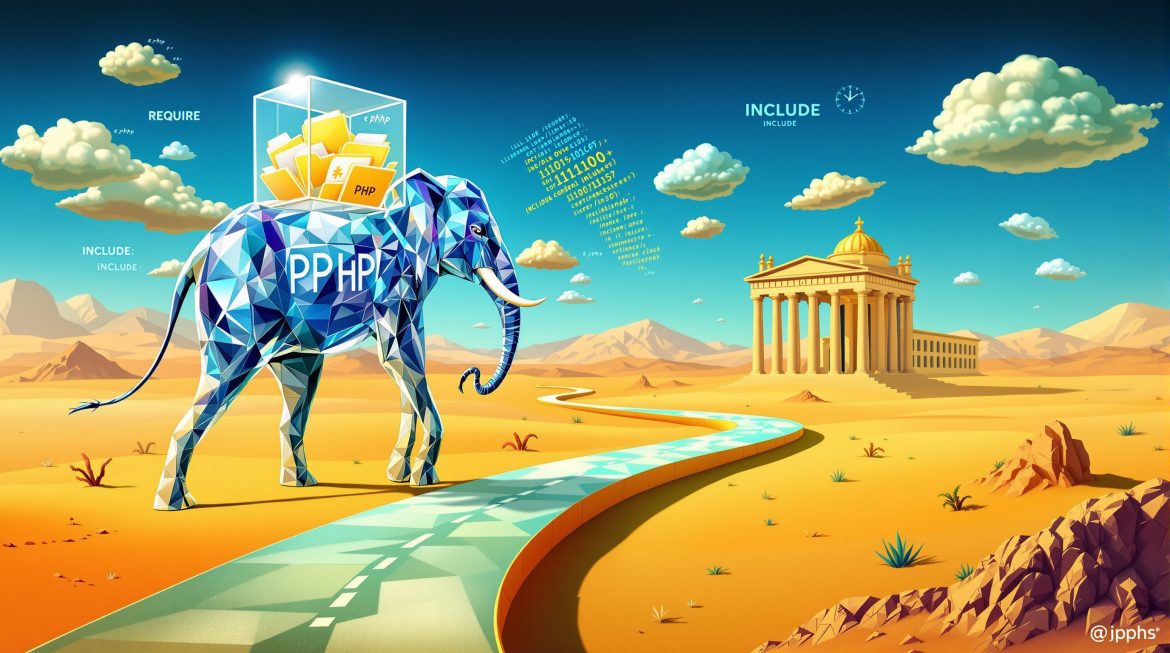 Surreale Illustration zeigt PHP Include/Require Konzepte im Dalí-Stil