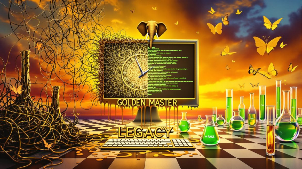 Monitor zeigt Code-Transformation: Links Chaos, rechts grüne Tests mit PHP-Logo