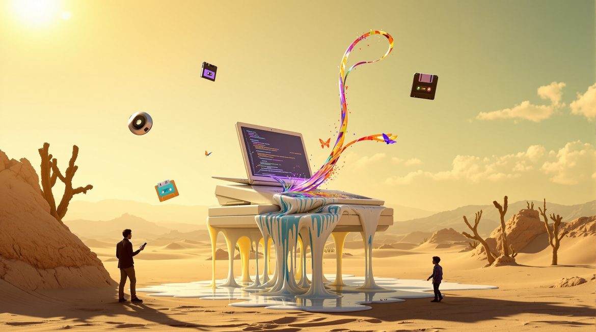 C64-Computer verschmilzt surreal mit modernem VS Code Editor und Emulator