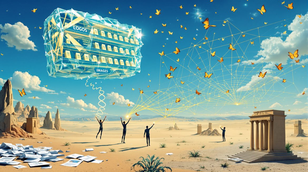 Surreale Darstellung einer SharePoint Assets Library als schwebender Kristall-Hub