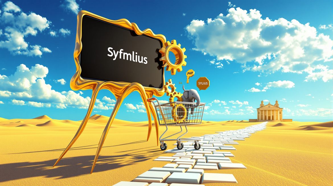 Surreales Sylius E-Commerce mit Symfony-Logo und Shopping-Cart in Dalí-Stil