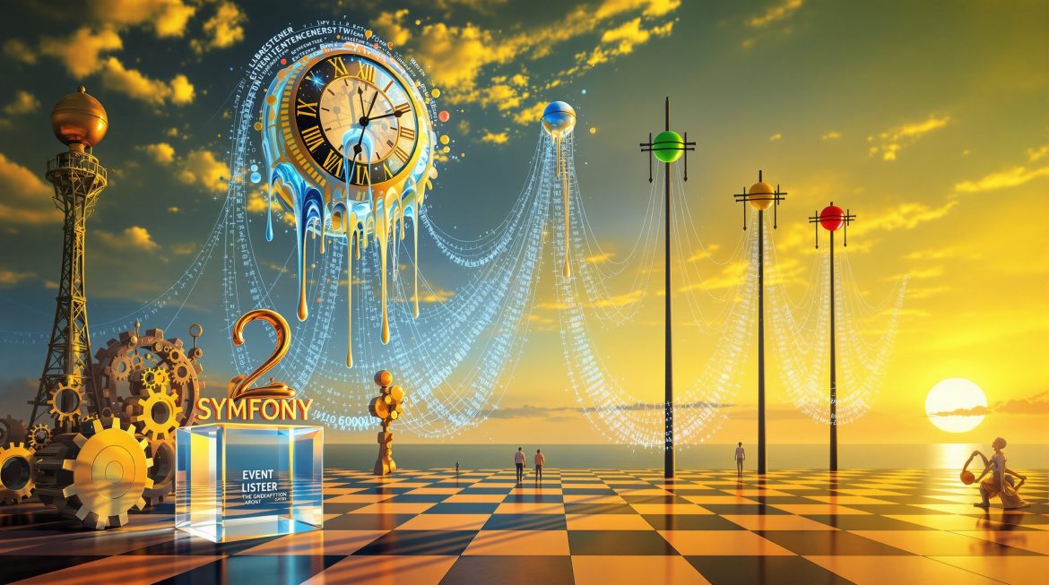 Surreales Symfony Event Dispatcher Bild: Drei Listener-Pole mit Event-Streams