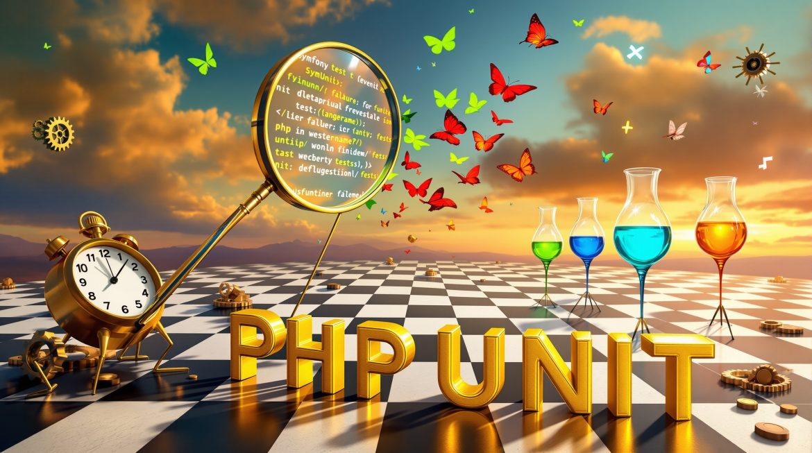 Surreales PHPUnit Testbild: Lupe prüft Code, Test-Schmetterlinge in Grün/Rot