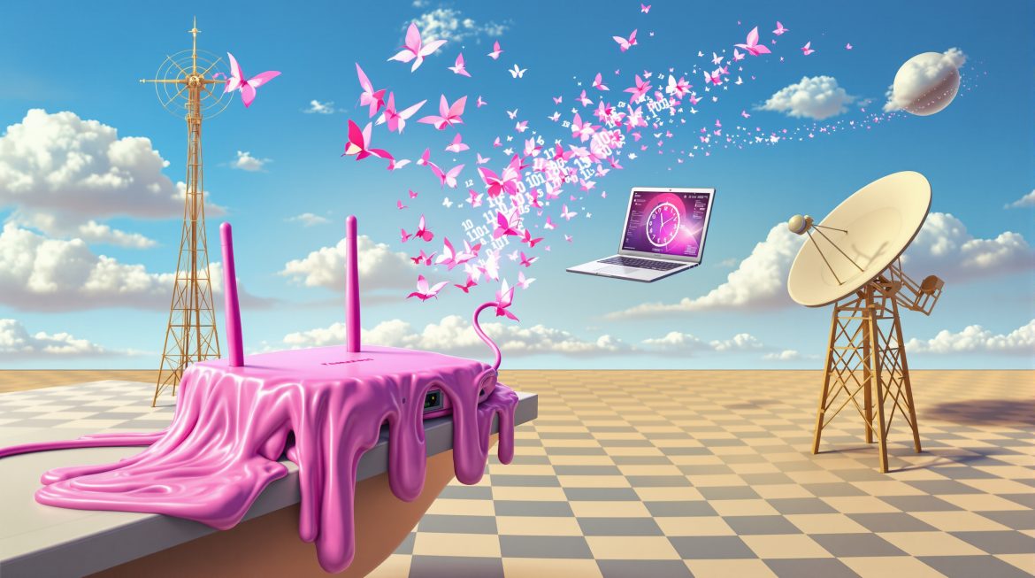 Surreal: Schmelzender Speedport-Router, Laptop, Backup-Symbole im Dalí-Stil