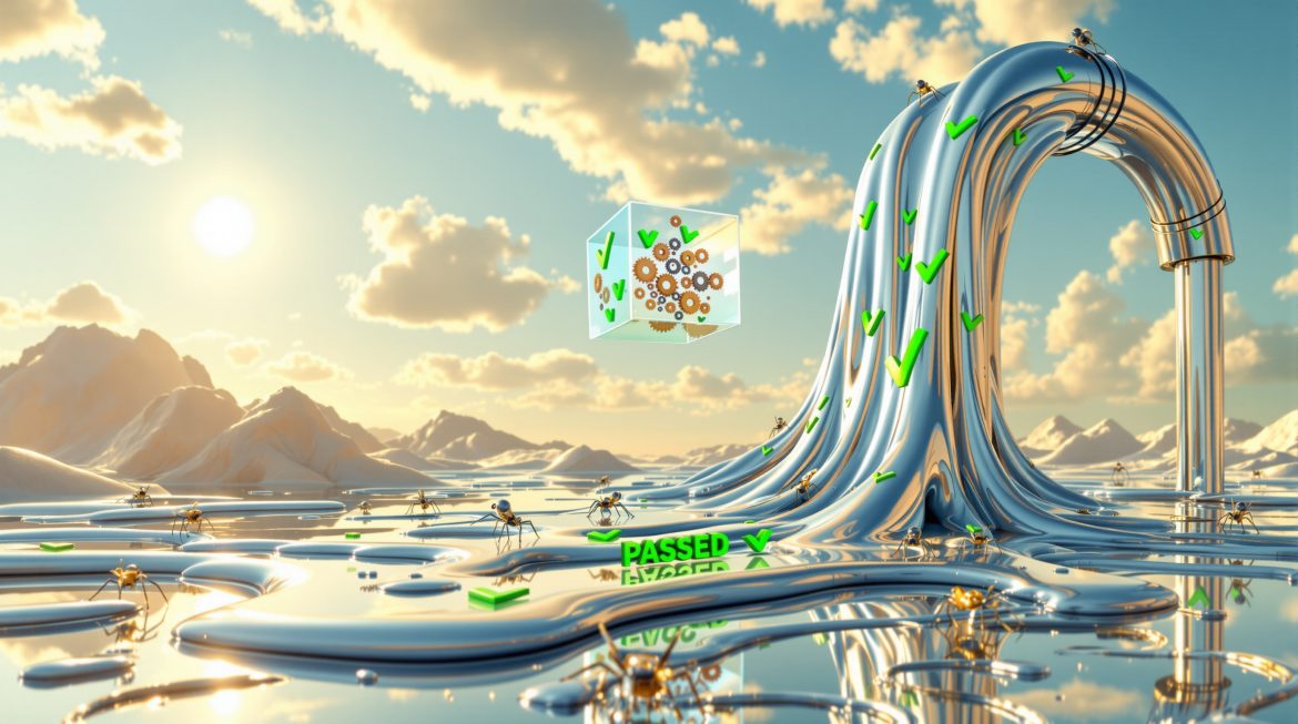 Surrealistische Pipeline mit schmelzenden Formen und grünen Testhaken