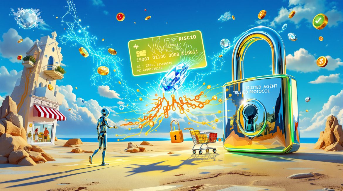 Surreale Darstellung des Trusted Agent Protocol für sichere AI-Transaktionen